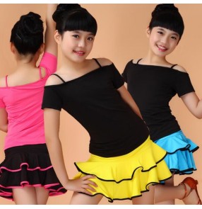 Yellow fuchsia blue turquoise red patchwork girls kids child children toddlers growth gymnastics short sleeves practice latin salsa dance dresses